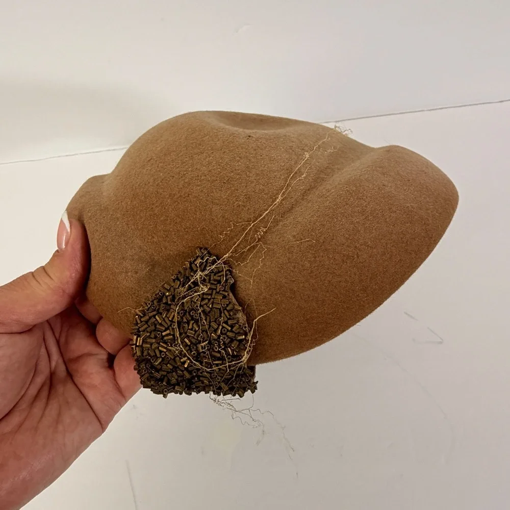 Vintage Brown Felt Pillbox Hat Bronze Beaded Trim Fascinator Cocktail Church